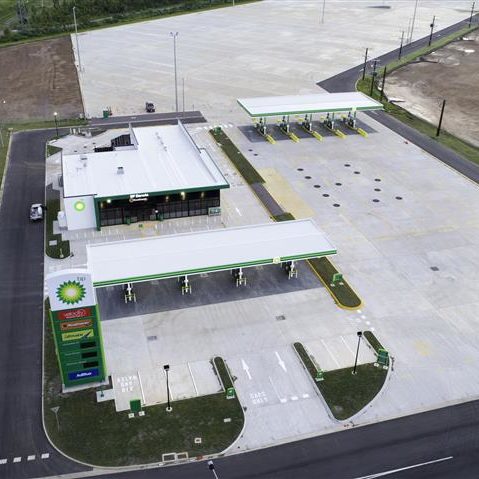 Aerial of BP Truck Stop in Afternoon